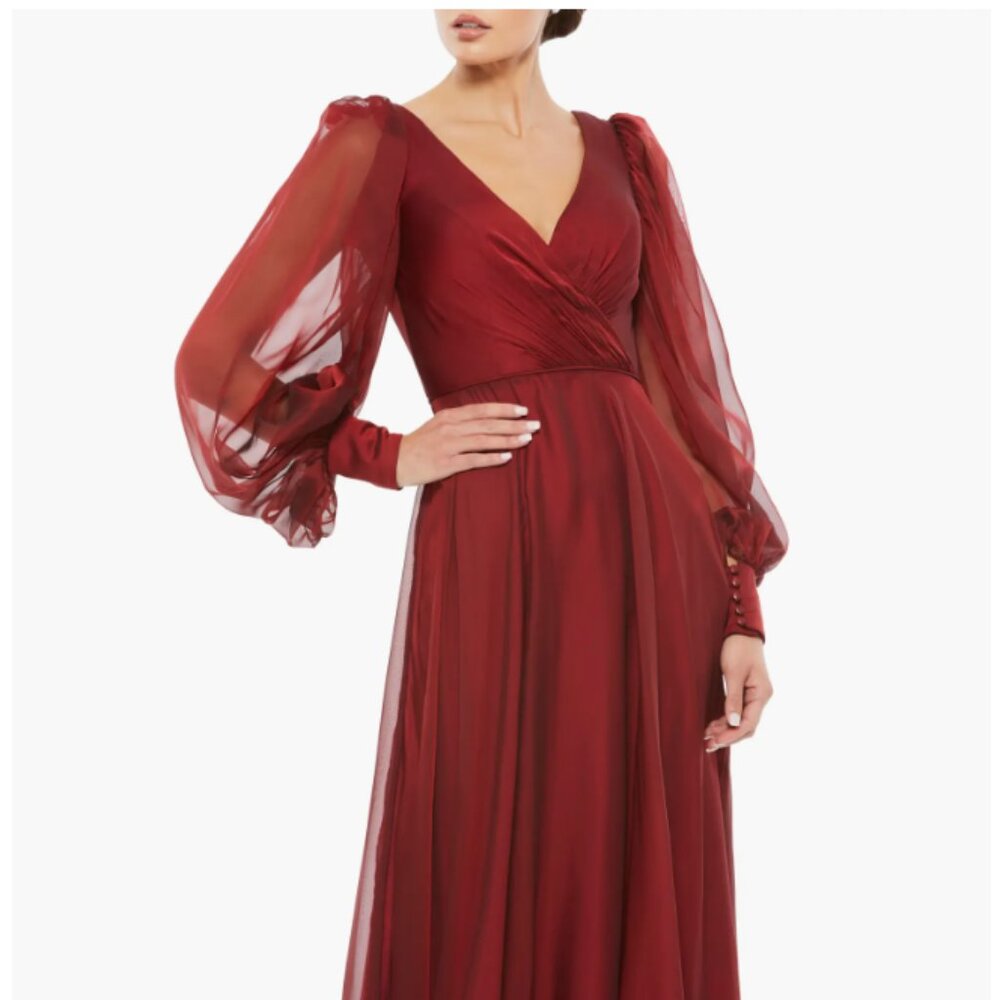 Mac Duggal Red Wine Split Long Sleeve Satin A-Line Gown